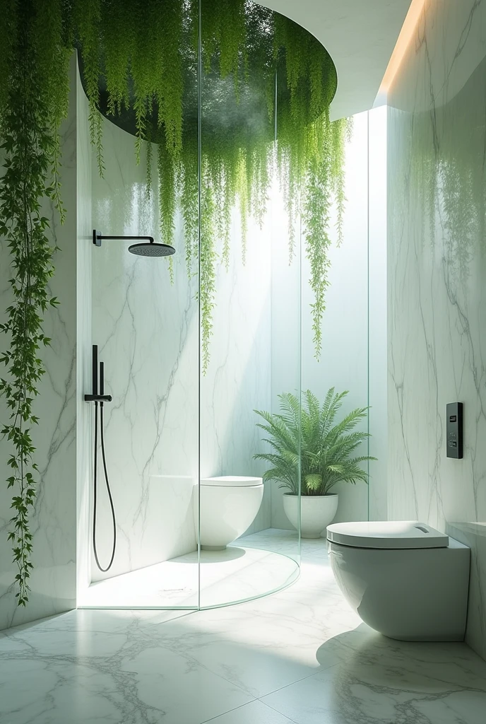 "Fabulous minimalist shower room with organic touches, Designed by architect Zaha Hadid. White marble walls and ceiling create a bright space, while the water runs from the shower. Green ivy hangs from the ceiling, and modern metal fittings can be seen behind glass doors. The light comes in torrents, filling the space with a mystical atmosphere, where fog merges with the natural and the artificial. The space is adorned with abundant plants, which, along with film design, enhances the beauty of this unique bathroom."
