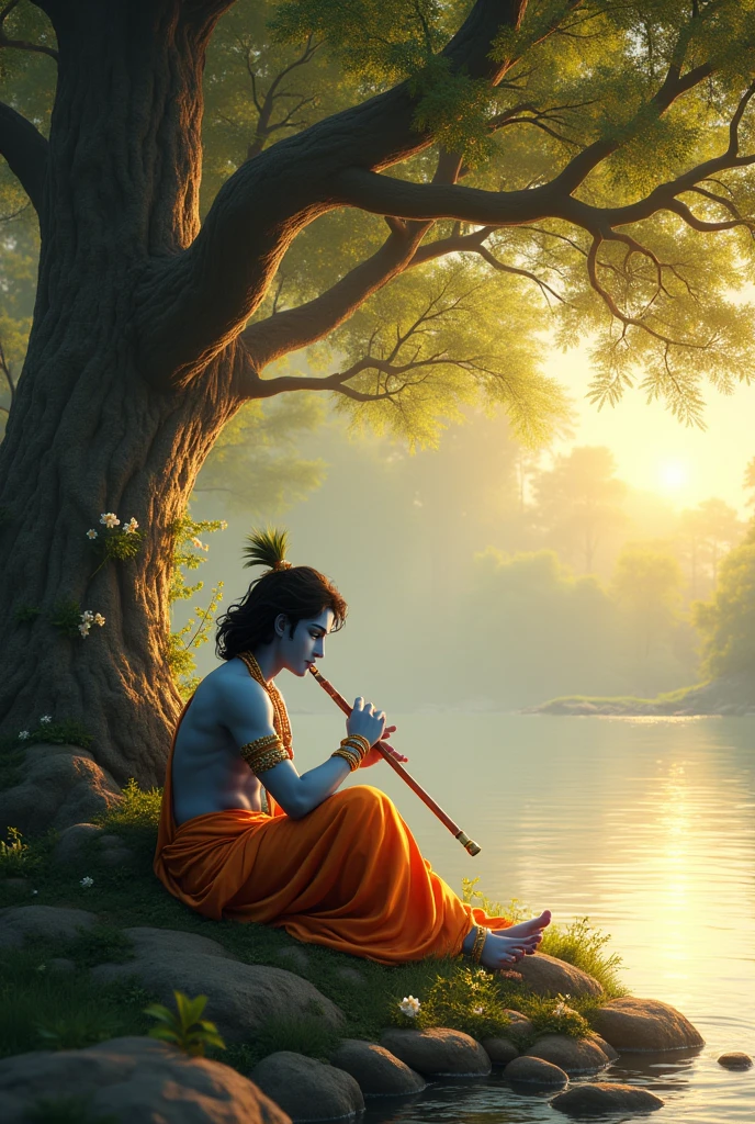 Krishna waiting for Radha in the river side in down of the tree Only genrate the photo by sitting in down and playing flute