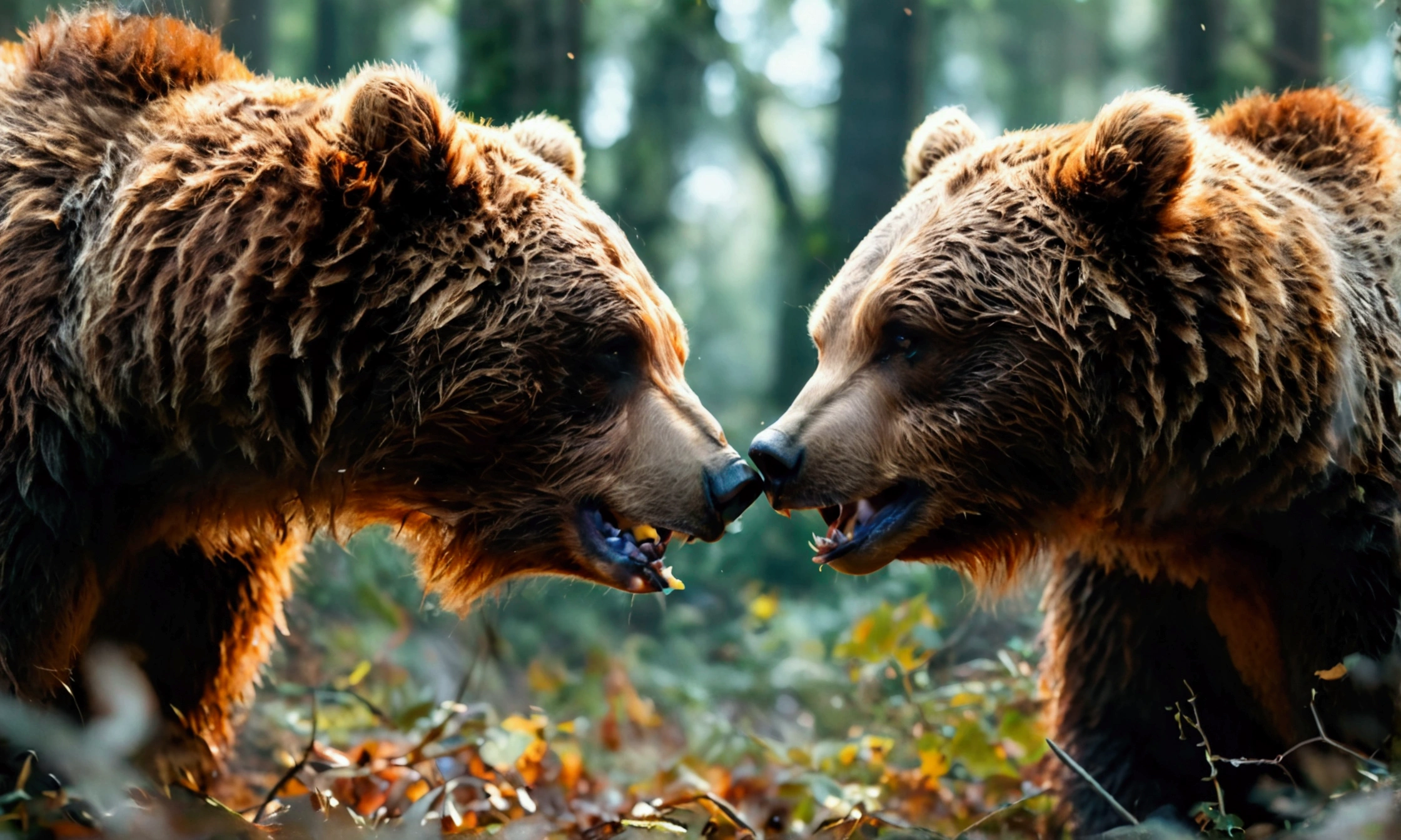 2 brown bears fighting in a dense forest, detailed realistic bears, detailed fur, detailed eyes, sharp claws, growling expressions, lush green foliage, sunlight filtering through the trees, cinematic dramatic lighting, photorealistic, highly detailed, 8k, (best quality, 4k, 8k, highres, masterpiece:1.2), ultra-detailed, (realistic, photorealistic, photo-realistic:1.37)