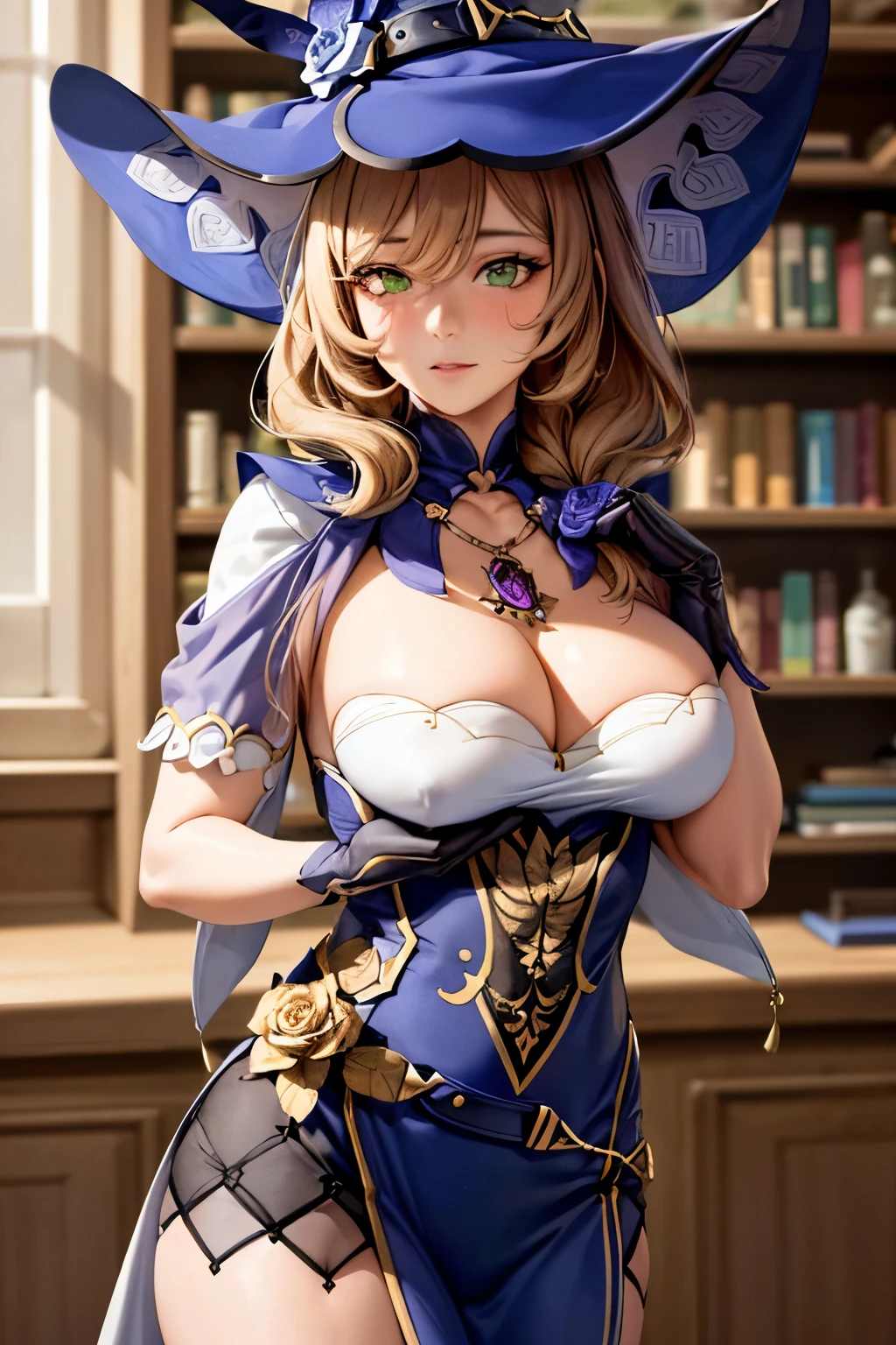 a young girl standing in a library, (Rub your own breasts:1.6), 1girl, beautiful detailed eyes, (Blushing:1.2) ,witch hat ,beautiful detailed lips, extremely detailed face, long eyelashes, intricate details, serene expression, natural lighting, warm color tones, (best quality,4K,8k,highres,masterpiece:1.7),ultra-detailed ,HDR, uhd, studio lighting, ultra-fine painting, sharp focus ,physically-based rendering, extreme detail description ,professional ,vivid colors ,bokeh, portraits