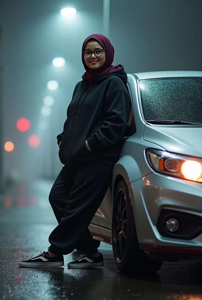 cute large fat girl with glasses, black hoodie, and jogger pants. wearing maroon hijab, vans shoes and leaning on modified silver honda jazz gk5 rs 2018, foggy weather at night. 