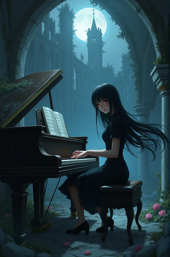 anime style image , 20 year old woman, long straight black hair, red eyes, dressed in a black dress, The woman is sitting on a chair playing the piano and in the background there is a rather old ruined castle