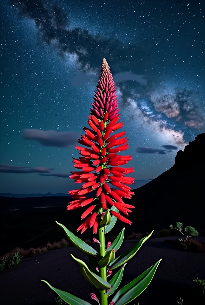 Night photo of a tajinaste from Tenerife, In the photo you can see the Milky Way in the sky 