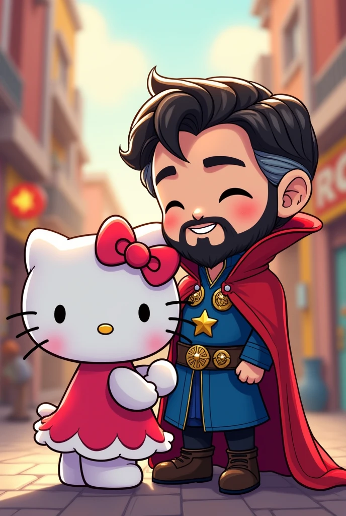 Create a drawing of Dr.. Strange young man with beard in love with Hello Kitty giving a kiss cartoon version kawaii