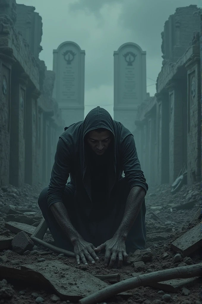 Create a deeply reflective and sad scene. In the foreground, shows a person struggling to rebuild a destroyed structure or community. This person should have a hunched posture and a facial expression that reflects extreme tiredness and desperation., as if he carried on his shoulders the weight of endless suffering. Surround her with worn-out tools and materials, some broken or abandoned, that symbolize the arduous and almost impossible effort of reconstruction.In the background, includes the 10 Commandments represented through dark and blurred vignettes, almost invisible, that merge into a desolate and gloomy landscape, covered in dark clouds and deep shadows. Each vignette must represent one of the commandments in a small, tragic scene., as a warning or reminder of the moral challenges in a world in ruins. The color palette should be cool and muted., with grey tones, Blacks and dark blues dominating the scene.Make sure the overall atmosphere is dense and oppressive, with an air of hopelessness that invites deep reflection on the difficulty of maintaining moral and ethical integrity in an environment devastated by adversity and loss.. The image should convey a sense of melancholy and gravity., highlighting the constant struggle for good in the midst of a bleak outlook.*
