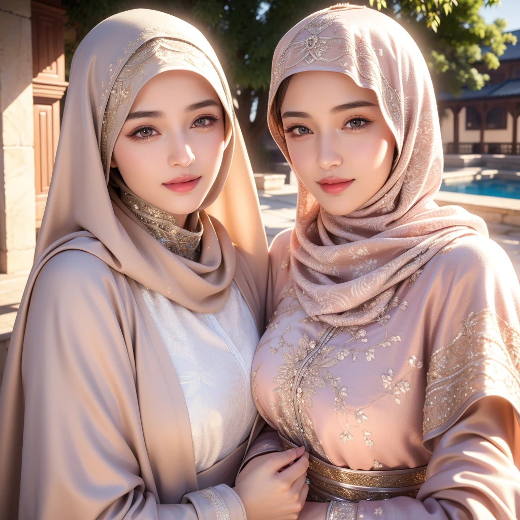 beautiful young woman, 1girl, majestic hijab outfit, detailed face, alluring eyes, full lips, outdoor setting, selfie, soft lighting, warm colors, best quality, 4k, 8k, highres, masterpiece, ultra-detailed, realistic, photorealistic, photo-realistic, cinematic, beautiful detailed eyes, beautiful detailed lips, extremely detailed face and eyes, long eyelashes, intricate clothing textures, elegant posing, warm smile, romantic atmosphere