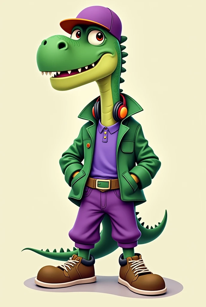 A stylish green 2D style dinosaur standing wearing purple pants with a green belt a green jacket purple shirt a headset around his neck and a cap