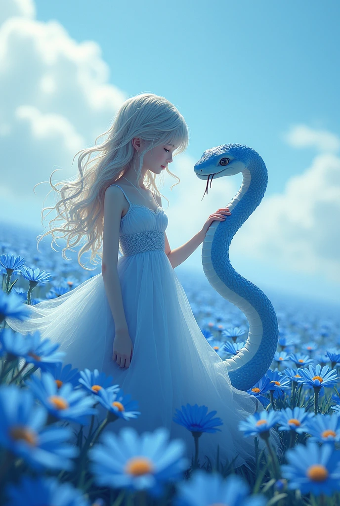 A jellyfish style girl in a field of blue flowers petting a manga style snake
