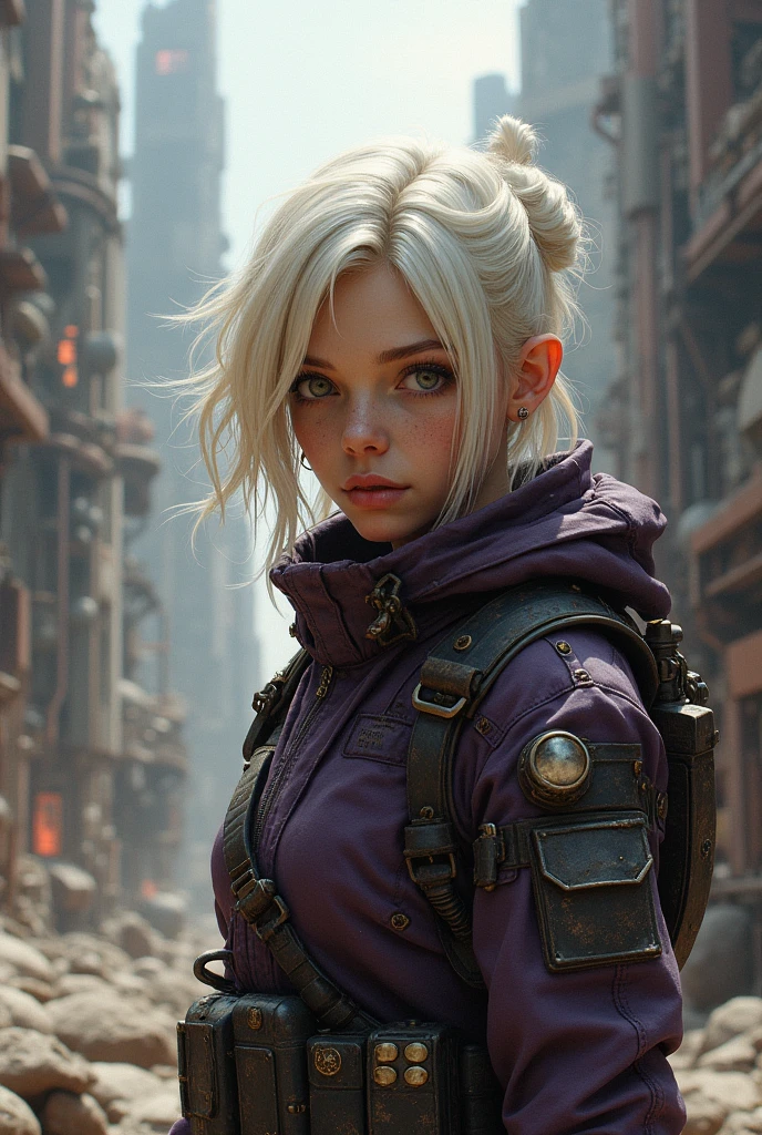 Realism of a steam punk engineer in a futuristic city, steam post apocalyptic. The girl is blonde with big eyes, white hair, dressed in purple and black, make her look like she&#39;s been through a war.
