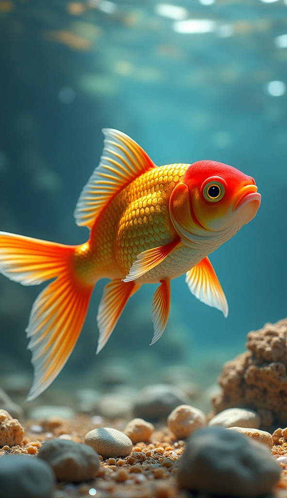 Highest quality,8k,Goldfish,View from above,The stones are as colorful as glass.