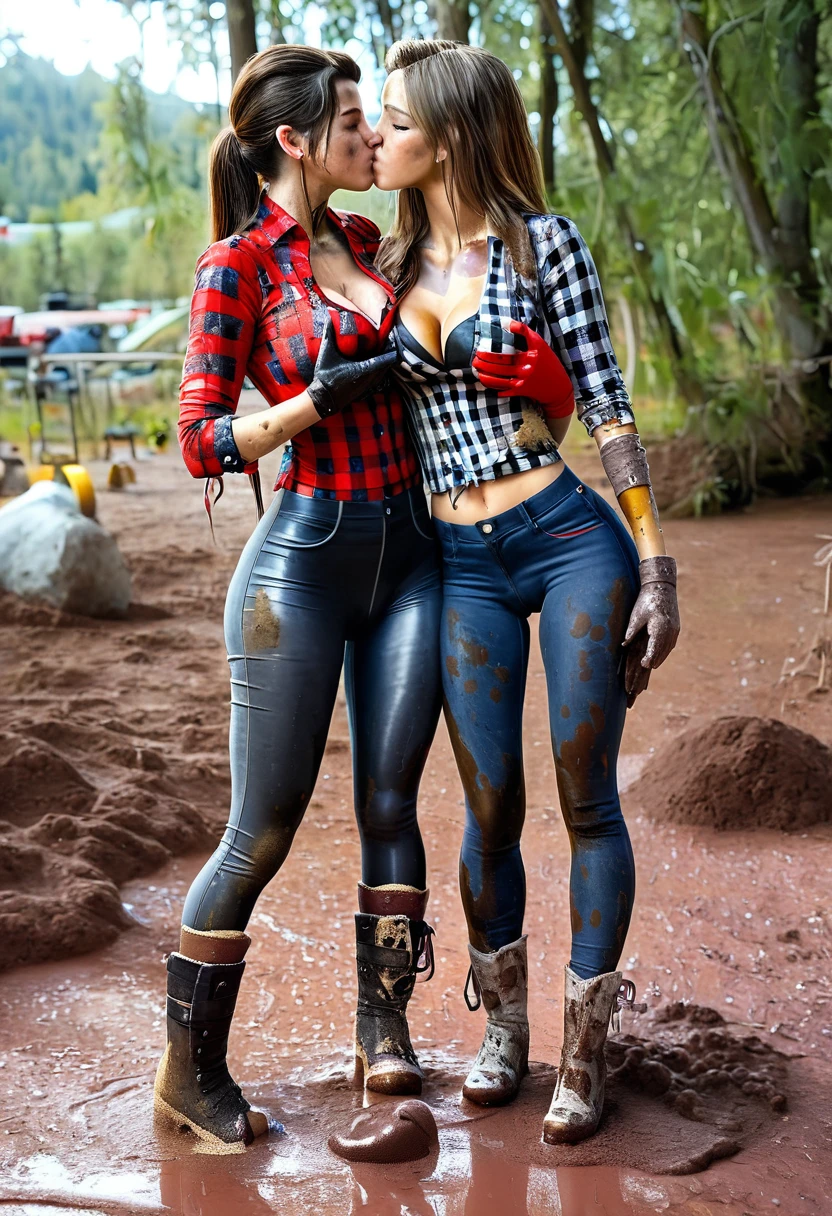 A couple of sexy women embracing, (groping:1.4), kissing passionately, wearing (a pair of dirty, muddy and washed-out long tight black jeans:1.4), (open cowboy red checkered shirt cleavage:1.1), hiking boots, gloves. Front view. Full body view. Perfect body, perfect hair, perfect buttocks, (perky tits), cameltoe, anatomically correct, best quality.