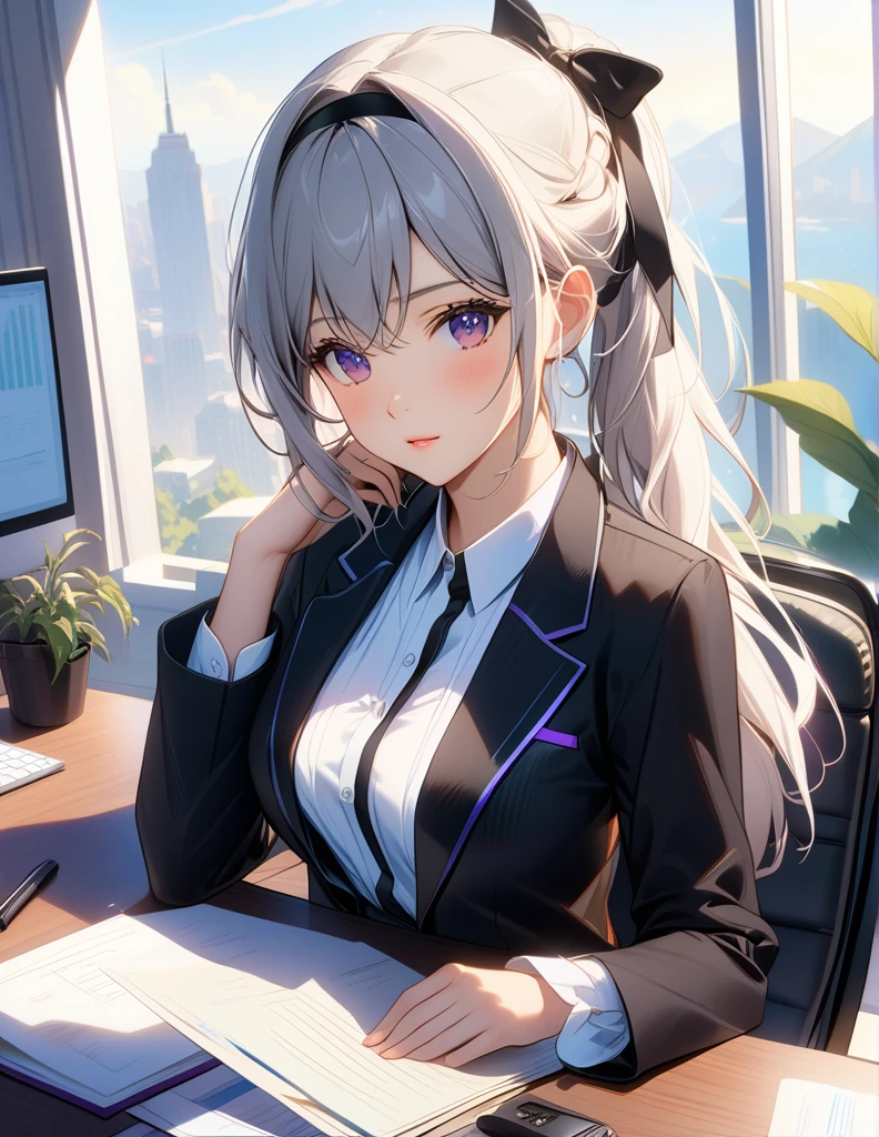 masterpiece, top quality, Super details, 8K, Detail lights, Detailed shadows, (delicate skin), (real: 1.2),, 1 girl, silver hair, wearing white shirts and black blazer, headbands, sitting on office chair,purple eyes, moderate breast