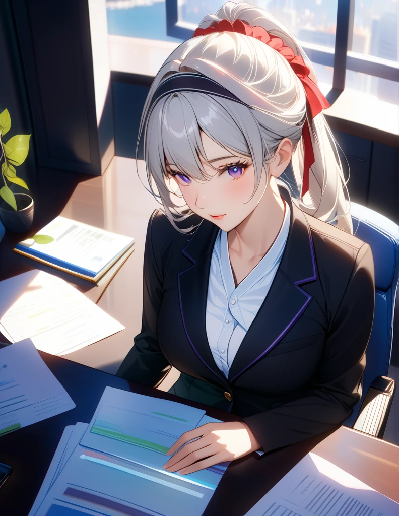 masterpiece, top quality, Super details, 8K, Detail lights, Detailed shadows, (delicate skin), (real: 1.2),, 1 girl, silver hair, wearing white shirts and black blazer, headbands, sitting on office chair,purple eyes, moderate breast