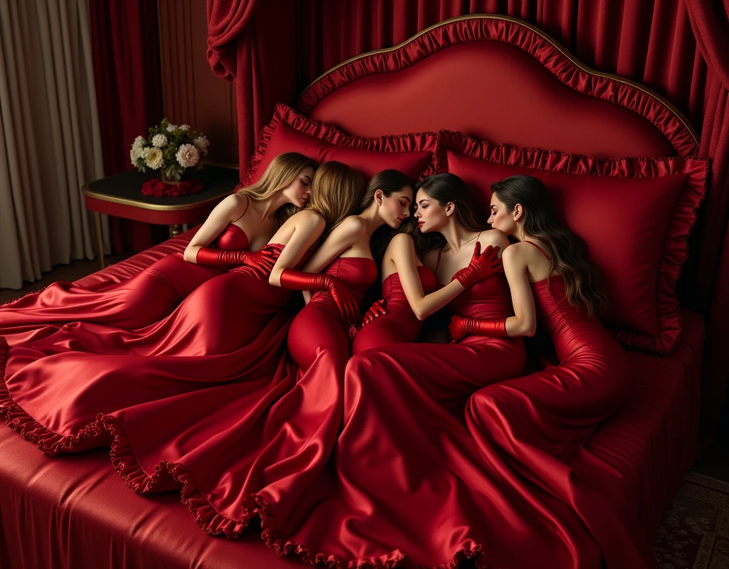 highest quality, masterpiece, ultra resolution, artwork, super それにget used to it, many get used to it, get used to it, それにget used to it, longshot view,love,romantic,honeymoon,valentines day,((five women sleepover)),((Five women sleepover hugging and kissing each of their partners)),((crimson satin velvet evening dresses)),luxurious shiny crimson satin velvet evening dresses,((Gorgeous queen rococo robe satin velvet evening dresses with voluminous full-length hoop stretched train skirt)),long sleeve evening dresses, ((crimson satin velvet gloves)),((floor-length crimson satin velvet eveing dresses with a skirt that stretched down to cover the bed)),An evening dresses with full shiny satin velvet fabric...,luxury,((Palace full shiny crimson satin velvet mattress)),((long crimson satin velvet bedspread)),Frilled silk crimson satin velvet bedspread,many satin pillows on the mattress,fluffy pillow with frills,((Four women is sleepover hugging and kissing lying on the long bed)),luxurious ruffled crimson curtains