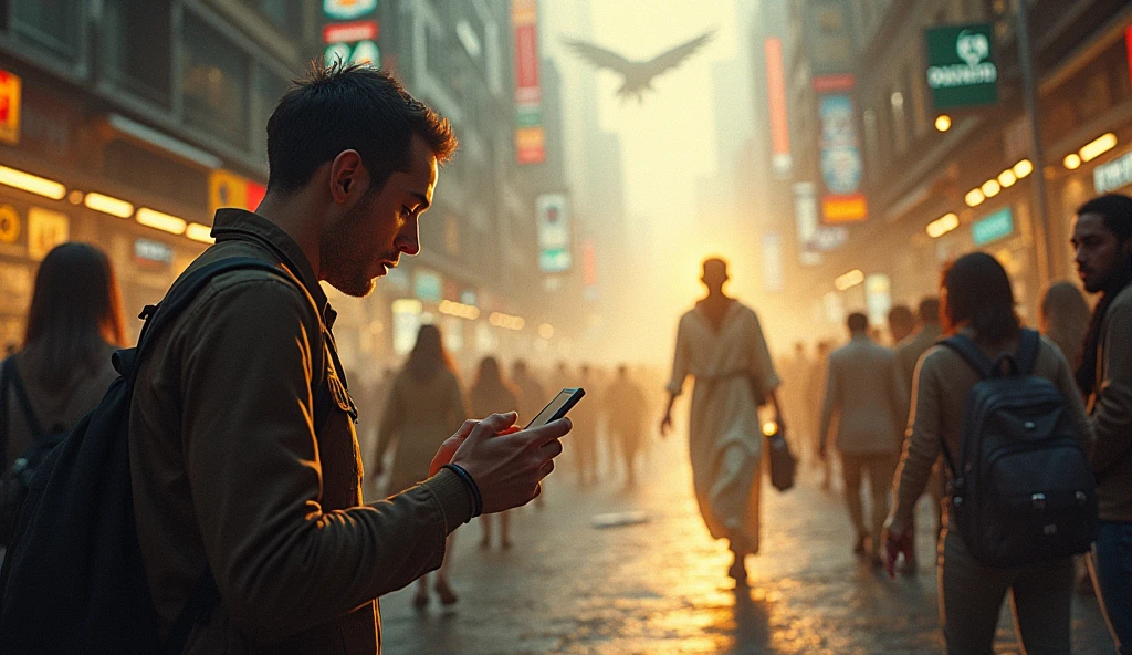 Man leaves God talking to himself, because he is in a hurry, is typing on the cell phone, surrounded by friends, Children, work, commitments