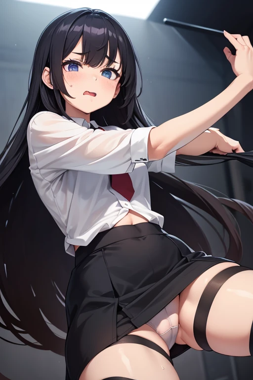 Girl with long hair, with short shirt, nothing but stockings and nothing else on top, sticking out tongue with drool, with stomach free of clothes and transparent clothing, sweating excessively, jumping on someone's penis, excitement, piernas más largas y gruesas, más gruesas mucho más gruesos, más sexy y hermosa, pechos más grandes y la ropa rota, piernas más gruesas y hermosas