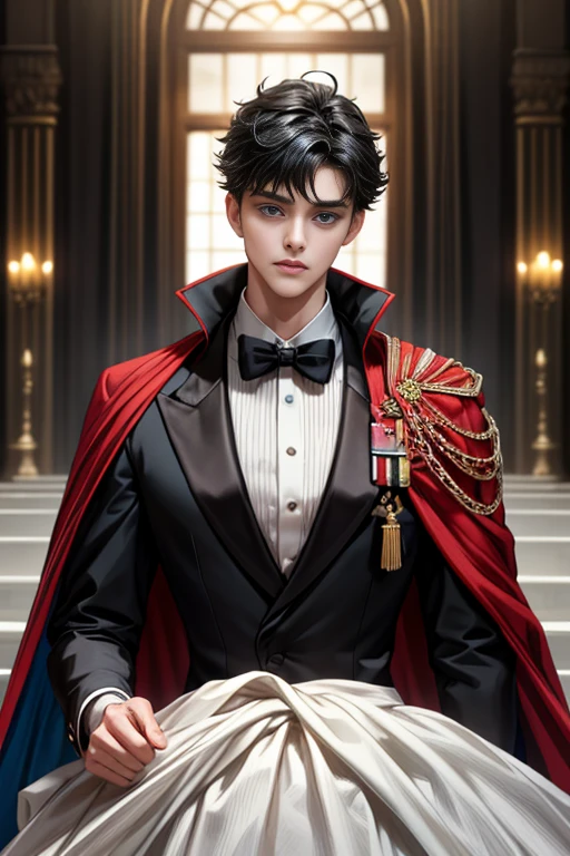 masterpiece, 最high quality, high quality, 1 boy, alone, Male focus, Upper Body,Watching the audience, Messy black hair, Adorable big blue eyes, White, Noble, Noble,A black and red cape that is bursting with sexy volume、Tuxedo、A very voluminous, large, very large, very large, long, long red and black cape with a high stand-up collar, made of a lot of fabric that reaches down to the floor., ,cute beautiful,Cute, cute, kind, handsome guy