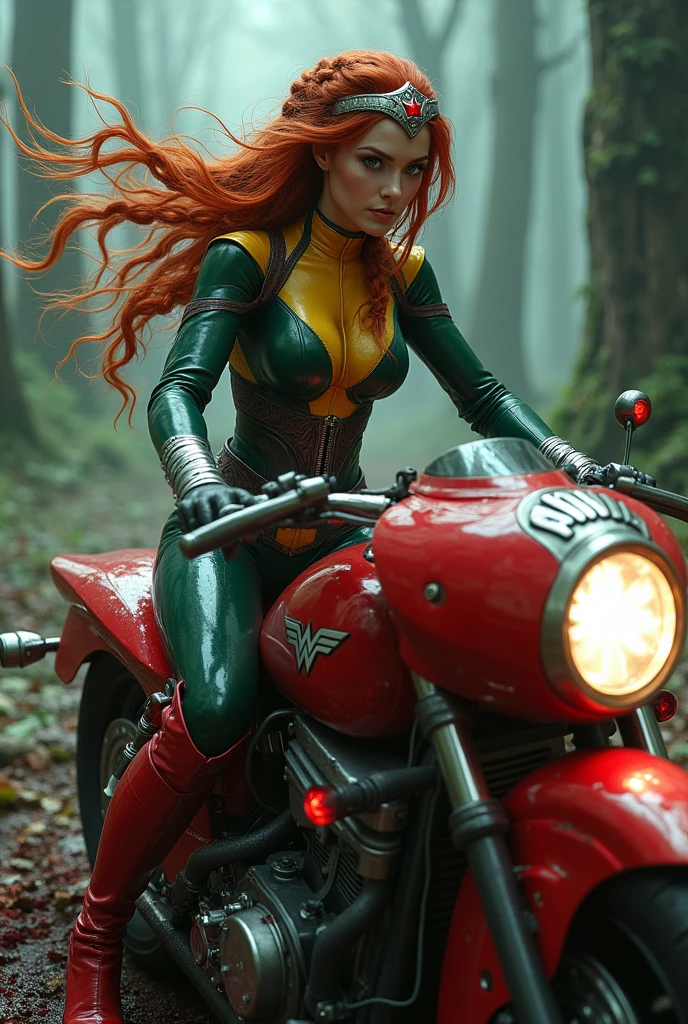 (((From very close-up (((rogue x-men))) A beautiful woman riding a futuristic high-powered motorcycle))),(((Cali green and yellow leather suit))),(((Leather jumpsuit with scales))),(((Suit that covers your entire body))),(((Corset in cali green and yellow leather over the jumpsuit))),(((Red hair))),(((Collected in a braided ponytail))),((((Hair six feet long))),(((Shaking in the wind)))Silver metal diadem with a red star on its front))),(((Long silver colored bracelets))),(((Long red boots above her knees))), (((Blood around him))),(((cursed cemetery))),(((Bloody and terrifying images))),(((High displacement red motorcycle with Wonder Woman logos))),(((rogue x-men))) marvel universe