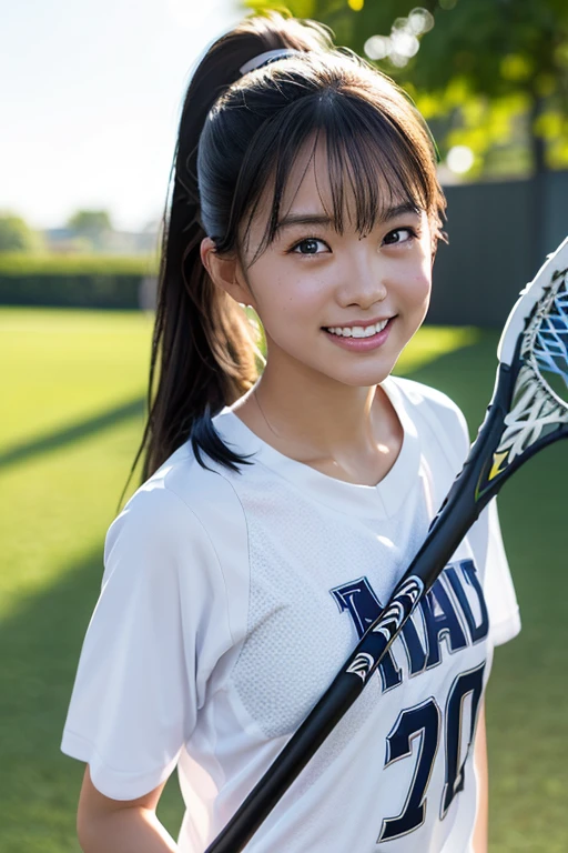 (8k, RAW photo, best quality, masterpiece), (photorealistic), outstanding details, ultra-high resolution, anatomically correct, textured skin, (Extremely precise and accurate anatomy),
Ultra Detailed Face, Detailed Eyes, 

(Cute Japanese girl), 
Lacrosse player, tanned skin, smiling face, holding Lacrosse stick, Running, Ponytail, Field lacrosse, 

(backlighting), 
reflection light, 
atmospheric perspective, depth of field, 
(dramatic lighting), cinematic lighting, 