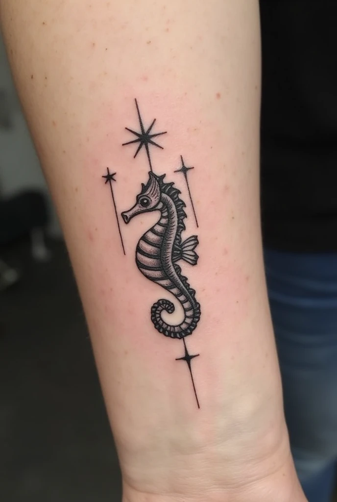 Simple and original tattoo, for couples containing: officer, star and a seahorse
