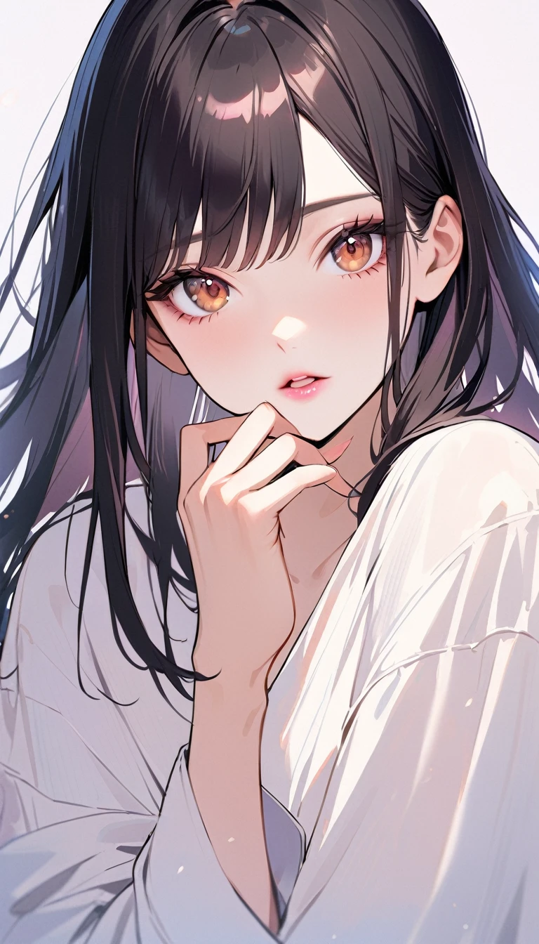 1woman, solo, medium straight hair, black Hair, brown eyes, be astonished, wear white oversize shirt, pink lips, looking at viewer, light lips, upper body, opened mouth, put one's hand to one's mouth