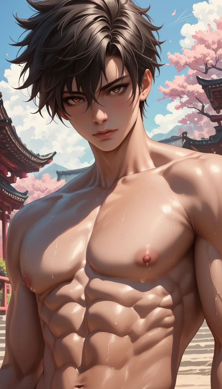 high quality, (japanese 12 y/o boy ), (detailed eyes), (black short hair), (abs), naked, (dark shiny skin), (detailed puffy nipples), looking at viewer, (upper half of the body),