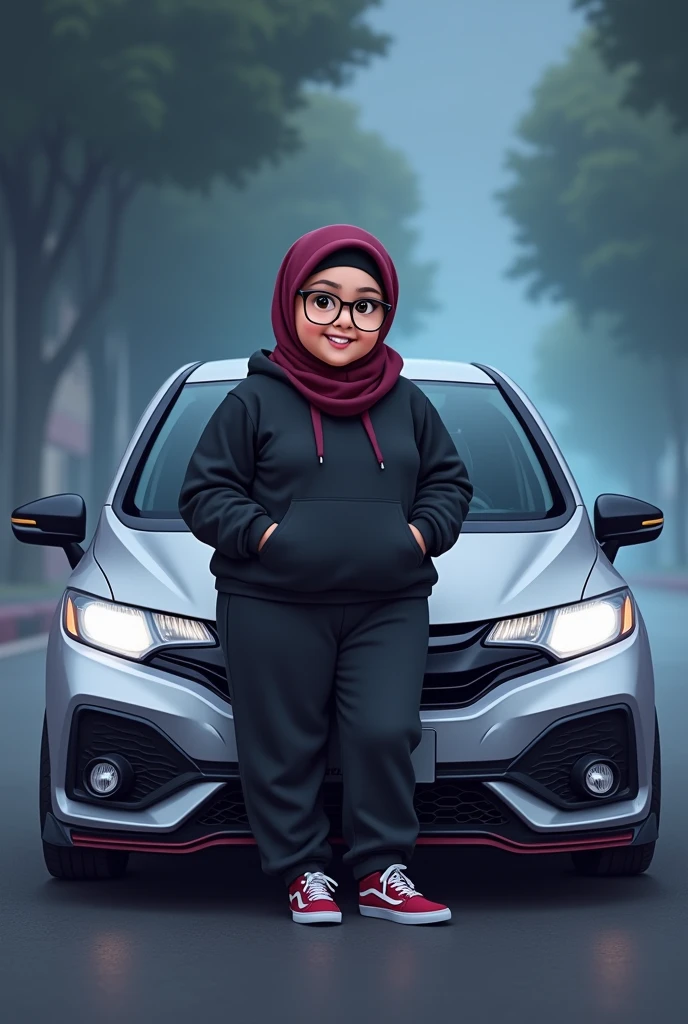 cute large fat girl with glasses, black hoodie, and jogger pants. wearing maroon hijab, vans shoes and leaning on modified silver honda jazz gk5 rs 2018, foggy weather at night. cartoon.