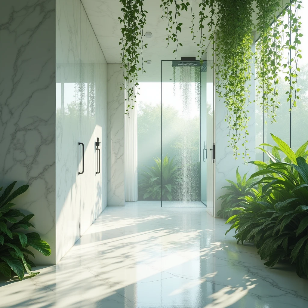 "Fabulous minimalist shower room with organic touches, Designed by architect Zaha Hadid. White marble walls and ceiling create a bright space, while the water runs from the shower. Green ivy hangs from the ceiling, and modern metal fittings can be seen behind glass doors. The light comes in torrents, filling the space with a mystical atmosphere, where fog merges with the natural and the artificial. The space is adorned with abundant plants, which, along with film design, enhances the beauty of this unique bathroom."