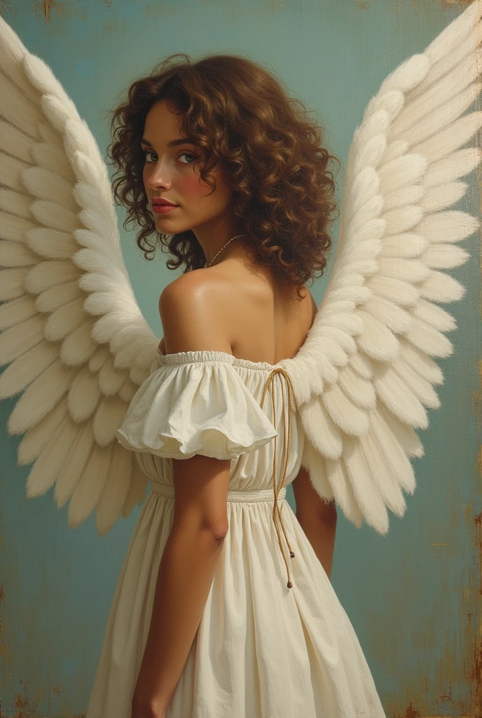 an oil painting of a light brown-skinned woman, green eyes and curly brown hair dressed as an angel, with great wings, you can see his back, while she turns around and only a part of her face is seen