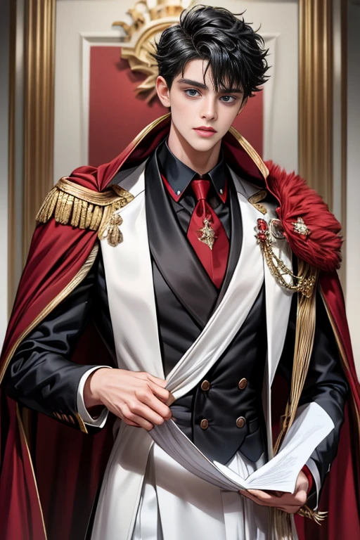 masterpiece, 最high quality, high quality, 1 boy, alone, Male focus, Upper Body,Watching the audience, Messy black hair, Adorable big blue eyes, White, Noble, Noble,A black and red cape that is bursting with sexy volume、Tuxedo、A very voluminous, large, very large, very large, long, long red and black cape with a high stand-up collar, made of a lot of fabric that reaches down to the floor., ,cute beautiful,Cute, cute, kind, handsome guy
