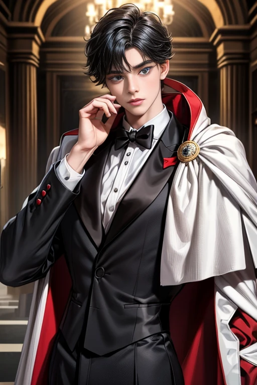 masterpiece, 最high quality, high quality, 1 boy, alone, Male focus, Upper Body,Watching the audience, Messy black hair, Adorable big blue eyes, White, Noble, Noble,A black and red cape that is bursting with sexy volume、Tuxedo、A very voluminous, large, very large, very large, long, long red and black cape with a high stand-up collar, made of a lot of fabric that reaches down to the floor., ,cute beautiful,Cute, cute, kind, handsome guy