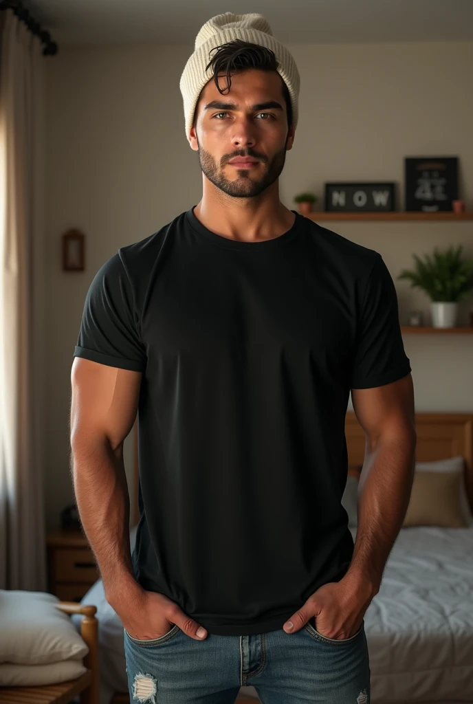 (photorealism:1.2), (8k) (detailed) (Whole body) facial features: Square face with a marked jaw, prominent cheekbones and thick, dark eyebrows. Adds youthfulness to your appearance.hair: hair oscuro, usually combed back or styled slightly tousled, which can vary between short and medium.eyes: eyes verdes oscuros, with a penetrating look that expresses confidence.Complexion: Athletic and muscular physique, well defined. Of medium-tall height, which gives it an imposing presence.style: Your style of dress: black t-shirt with a white wool hat, ripped jean pants.Skin tone: Skin tone bronceado, typical of the Mediterranean.Expression: He usually has a serious or concentrated expression., Although he can display a charming and confident smile.(Standing in her room)