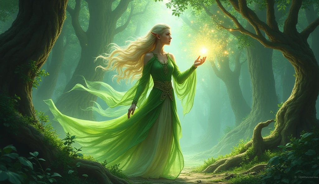 In the middle of the battle、Eris is in perfect harmony with the life force of the forest.、Unleash the true power hidden within you。Her magic is getting stronger、Become one with the surrounding nature and face off against the dark invaders。Ellis understood the importance of her mission.、Recognize that you are an essential part of protecting the forest。Her power spread throughout the forest、Giving hope and courage to my friends。Ellis is a blond elf woman.