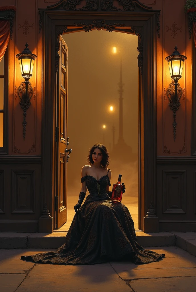 Western woman sitting in the doorway of a cabaret holding a bottle of dress