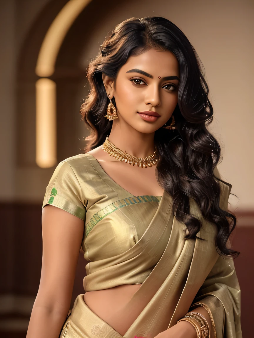 Create an ultra-realistic image of a modern, attractive female influencer of Indian descent, aged between 27 to 30. She should have a warm and inviting smile, expressive almond-shaped eyes with a slight shimmer, and clear, glowing skin with a medium brown complexion. Her features should be well-defined, with high cheekbones and a sharp jawline. Her hair should be long, thick, and styled in a classic chignon with delicate pearl hairpins, with a deep, reddish-purple hue that’s bold yet sophisticated. She should have a slender yet athletic build with gigantic breasts (plump: 1.3) (((Generate an image of a young woman wearing a traditional Indian saree. The saree is dark green with gold embroidery on the blouse and along the saree's border, adding a touch of elegance. The blouse has a short sleeve and a deep neckline, highlighting her slender figure. The woman is standing sideways, allowing the saree’s drape to be visible while she slightly turns her head towards the camera, offering a soft and composed expression. Her long, wavy hair falls naturally over her shoulders, complementing the overall traditional look. The background is simple and neutral, with soft, warm lighting enhancing the details of her attire.))))