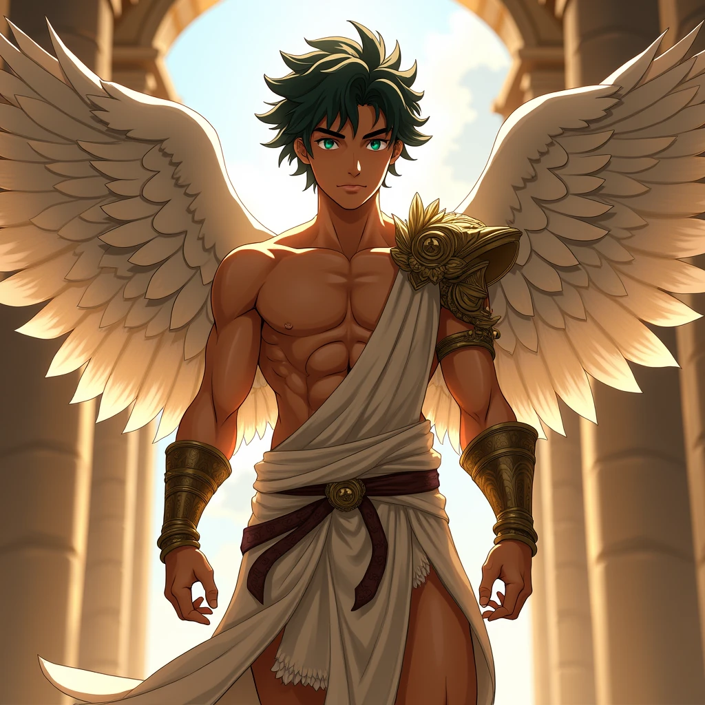 Izuku Mioriya, son of zeus, Greek mythology, greek warrior, with the wings of Icarus, 18 years, shirtless