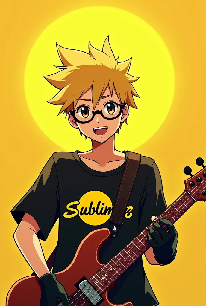 Anime man with black glasses and short blond hair with big hair and a brown guitar and a yellow sun with black gloves and a black shirt with a yellow sun that says sublime