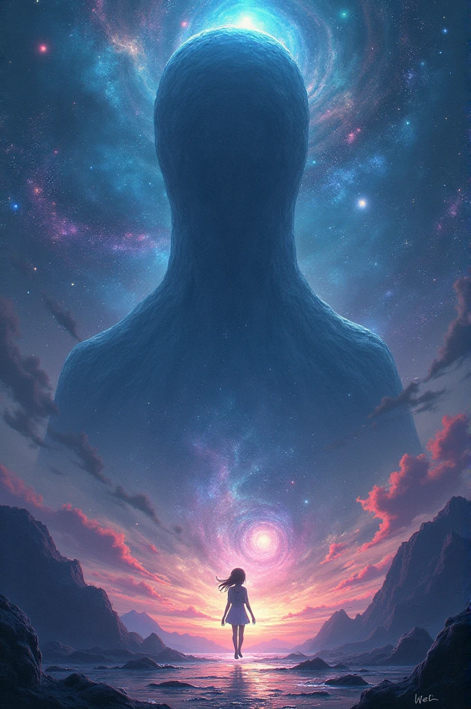 The universe was full of galaxies and many shades of colors,In front of him there is a very large being with no specific shape and a girl floating in front of him.