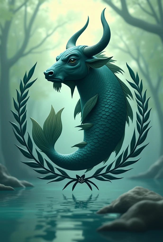 Design a logo featuring a unique combination of a fish and a water buffalo, adorned with a torch and laurel elements. Incorporate shades of green and blue to convey a sense of harmony and tranquility. Be creative and innovative in showcasing the fusion of these symbols to symbolize strength, power, and growth. make it color green and blue and remove background 