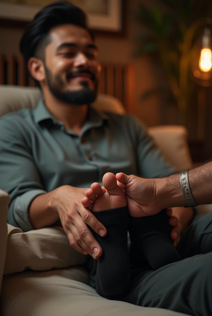 A handsome man from Malaysia in black socks came to massage his feet and an uncle massaged his feet