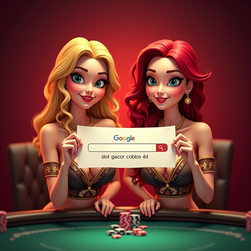 SLOT GACOR: Situs Slot Gacor Terpercaya 2024, https://heylink.me/.coblos4d/, {{{two bali girls holding up a google search sign and inside the search box please write this word : "SLOT GACOR COBLOS 4D", text fit with sign, teasing smile, happy maxwin, animated, red casino background, big breast, cleavage, standing behind poker table, asian girls, white skin, blonde, wave hair, red hair, jackpot, wearing bali traditional dress, {{indonesia}}