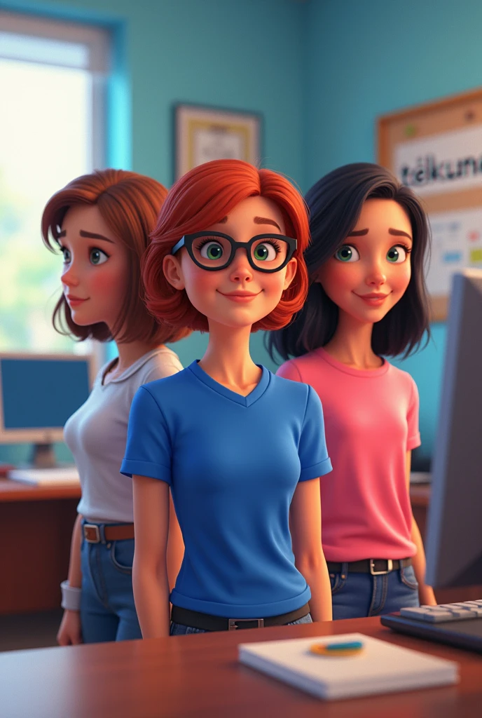 Pixar-style poster of three girls, A girl with medium-short brown hair and a royal blue shirt of medium height, another girl with short red hair with black glasses, short royal blue shirt and another girl with black hair wearing a pink shirt in an office with two desks, two computers and a poster with the word Tekuno