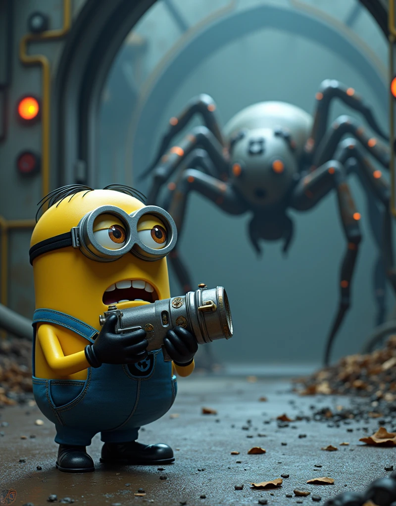 Minion Kevin Kevin in scientist suit standing in front of the newly completed large energy cannon. Just as he was about to activate, a new giant spider, bigger than the previous ones, appear from the gate. Kevin backs off, terrified face holding a cannon