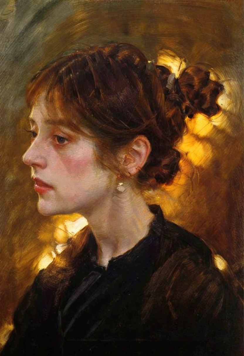 a painting of a woman with a ponytail in a black dress, danile gerhartz, inspired by Daniel F. Gerhartz, john singer sargent style, joaquin sorolla ) ), daniel gerhartz, joaquin sorolla, by Daniel F. Gerhartz, liepke, tonalist portrait, by Tom Roberts, sorolla