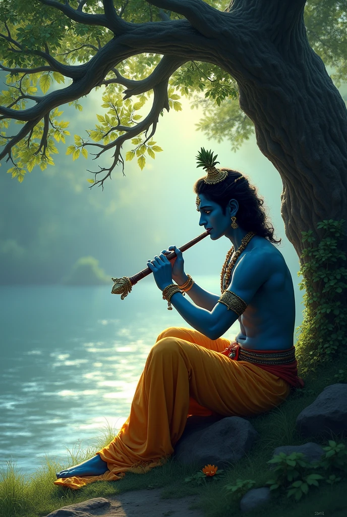Krishna waiting for Radha in the river side in down of the tree Only genrate the photo by sad sleep
down and playing flute