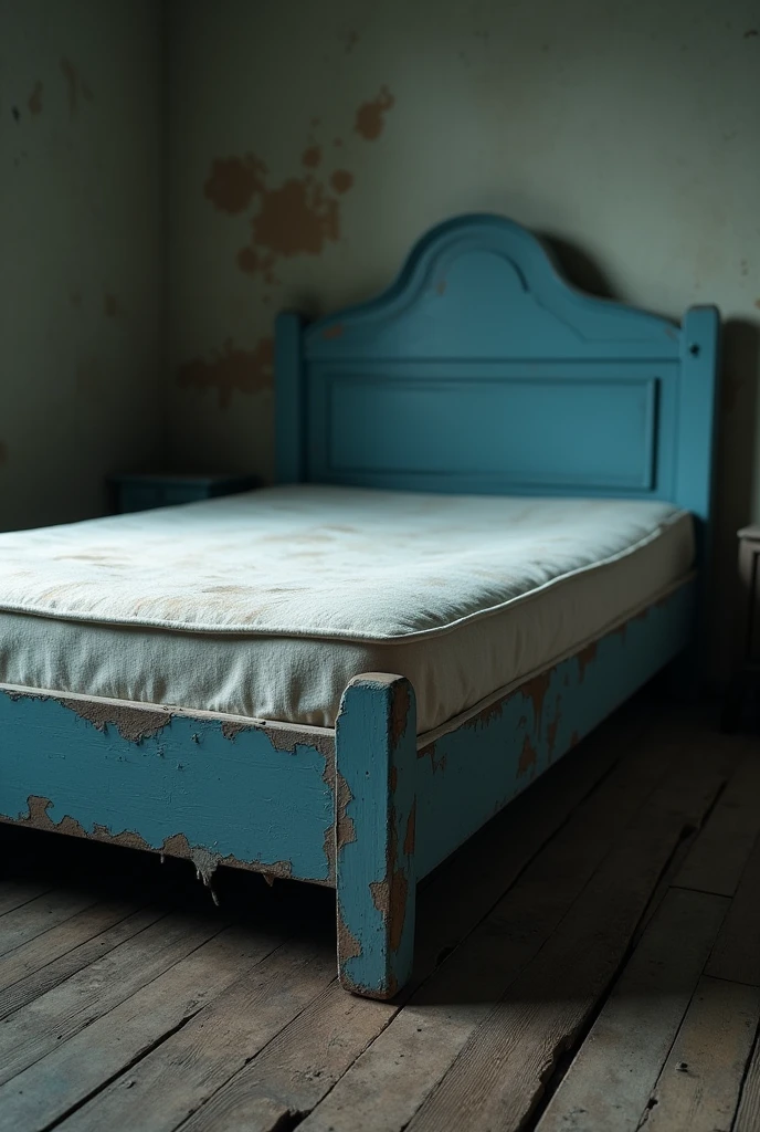 Create me a bed with a blue base and a white mattress and with dull colors because it is so old., that is broken from the corners in a subtle way