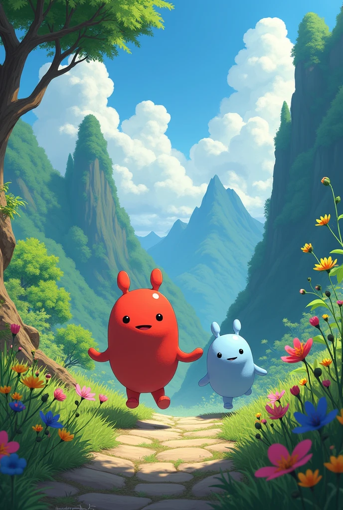 draw and create two cute characters, they must be formless non-human beings like studio ghibli . Strength and Movement they are friends adventurers and super brave. Strength robust red and Movement light blue, these on a fantastic land with forests, mountains and flowers, with running poses
