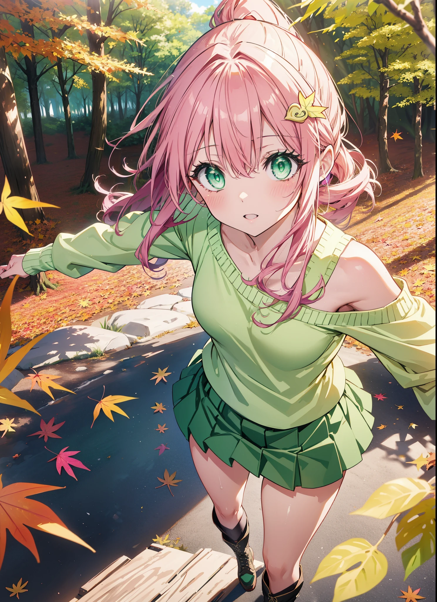 Laladevi Luke, Lara Deviluke, Long Hair, Pink Hair, tail, Ahoge, bangs, hair ornaments, (Green Eyes:1.5), smile,ponytail,Open your mouth,blush,
break demon tail, One-shoulder sweater,mini skirt,Knee socks, short boots,autumn leaves,autumn leavesが散っている,autumn leavesが積もっている,Daytime,Clear skies,whole bodyがイラストに入るように,
break outdoors, forest,
break looking at viewer, whole body,
break (masterpiece:1.2), Highest quality, High resolution, unity 8k wallpaper, (figure:0.8), (beautiful detailed eyes:1.6), extremely detailed face, Perfect lighting, extremely detailed CG, (Perfect hands, Perfect Anatomy),