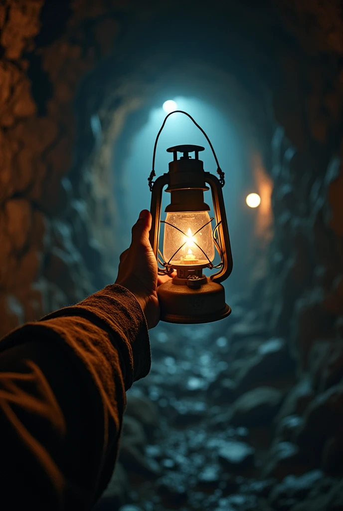underground mine, I want a first person view, the only apparent member is just an arm, with a lantern in hand lighting the way 