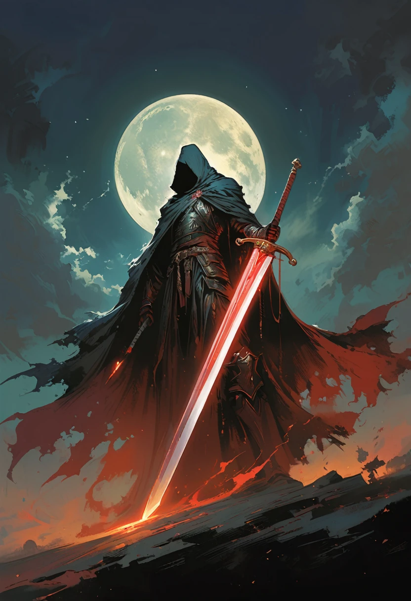 A huge sword with its tip pointing upwards in front of a black cloak, Dark fantasy illustration with dark sky and bright moon in the background, In the style of Yoji Shinkawa.